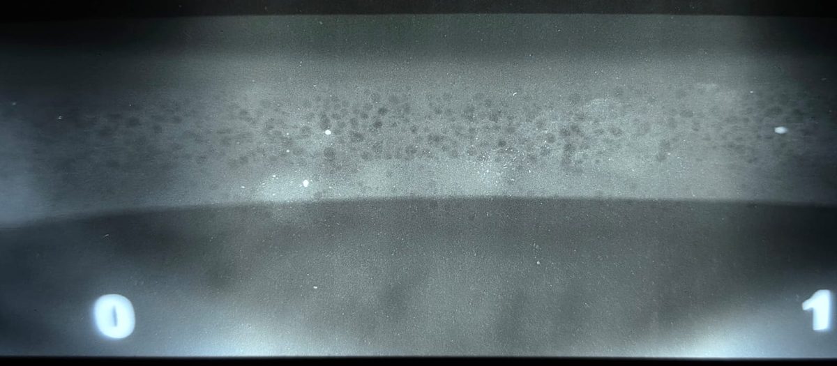 Radiografia em preto e branco de cordão de solda com porosidade distribuída e marcadores de posição
